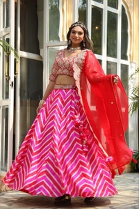 FWHB PRINTED LEHENGA WITH HEAVY EMBROIDERED BLOUSE AND ORGANZA DUPATTA - XL, Red