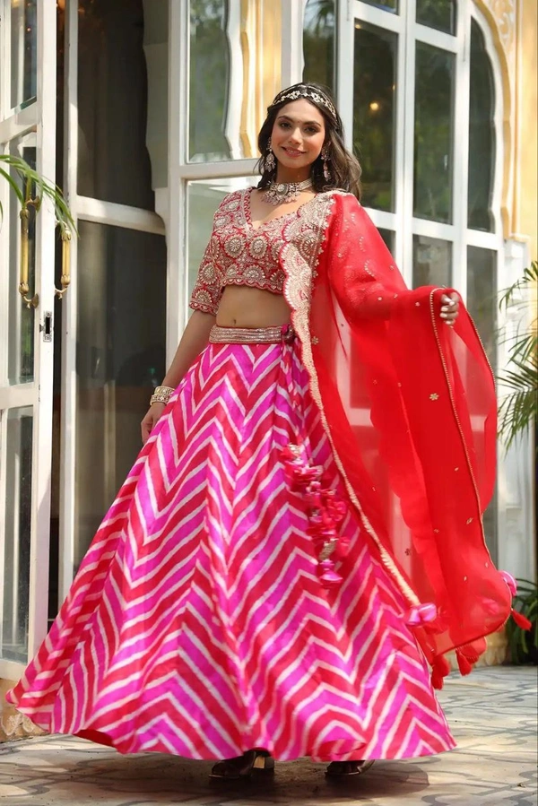 FWHB PRINTED LEHENGA WITH HEAVY EMBROIDERED BLOUSE AND ORGANZA DUPATTA - XL, Red