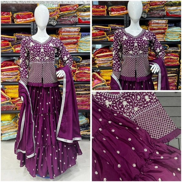 FWHB EMBROIDERY SEQUINS WORK PARTY WEAR JACKET LEHENGA WITH DUPATTA - XL, Wine
