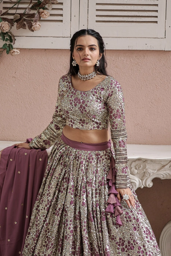 FWKA DESIGNER SEQUINS WORK PARTY WEAR GEOEGETTE LEHENGA CHOLI WITH DUPATTA - XL-42, Copper Rose