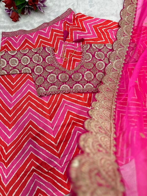 FWHB PRINTED LEHENGA WITH HEAVY EMBROIDERED BLOUSE AND ORGANZA DUPATTA - XL, PINK