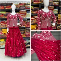 FWHB EMBROIDERY SEQUINS WORK PARTY WEAR JACKET LEHENGA WITH DUPATTA - XL, Rose Red