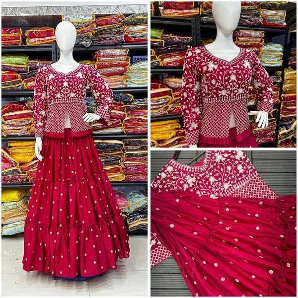 FWHB EMBROIDERY SEQUINS WORK PARTY WEAR JACKET LEHENGA WITH DUPATTA - XL, Rose Red