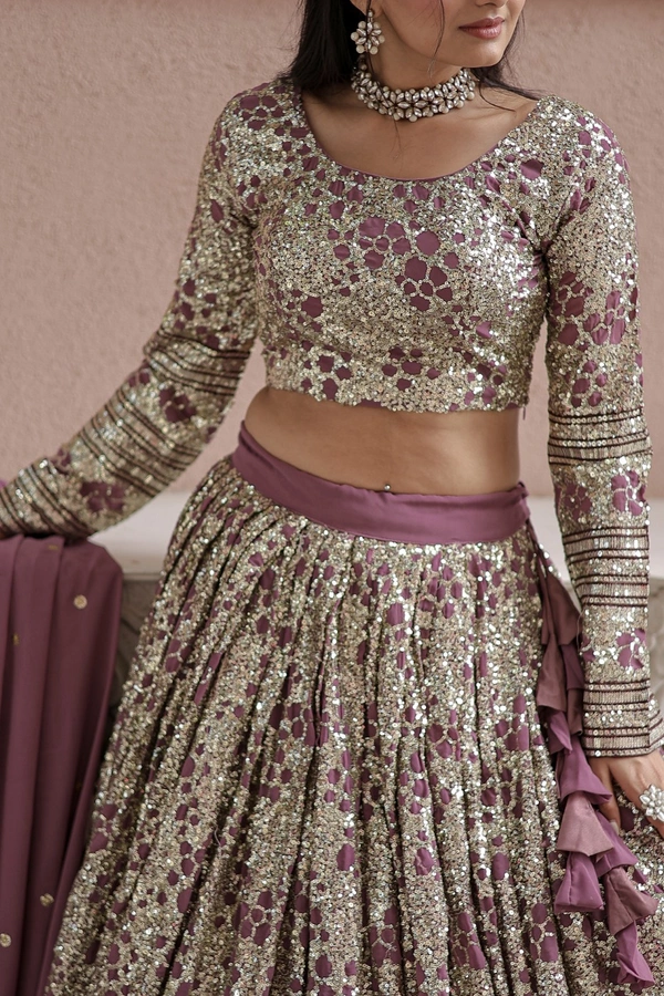FWKA DESIGNER SEQUINS WORK PARTY WEAR GEOEGETTE LEHENGA CHOLI WITH DUPATTA - XL-42, Copper Rose