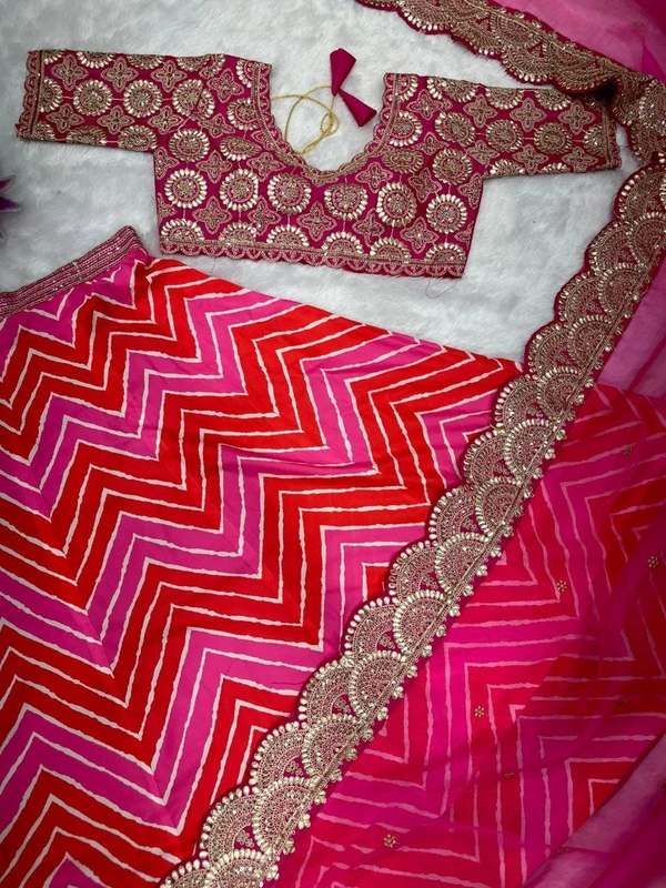 FWHB PRINTED LEHENGA WITH HEAVY EMBROIDERED BLOUSE AND ORGANZA DUPATTA - XL, PINK
