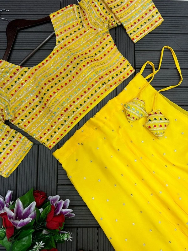 FWHB HALDI SPECIAL EMBROIDERY WORK READY READY TO WEAR LEHENGA CHOLI - XL, Yellow