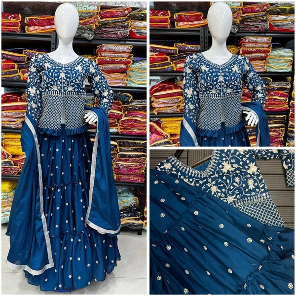 FWHB EMBROIDERY SEQUINS WORK PARTY WEAR JACKET LEHENGA WITH DUPATTA - XL, Blue