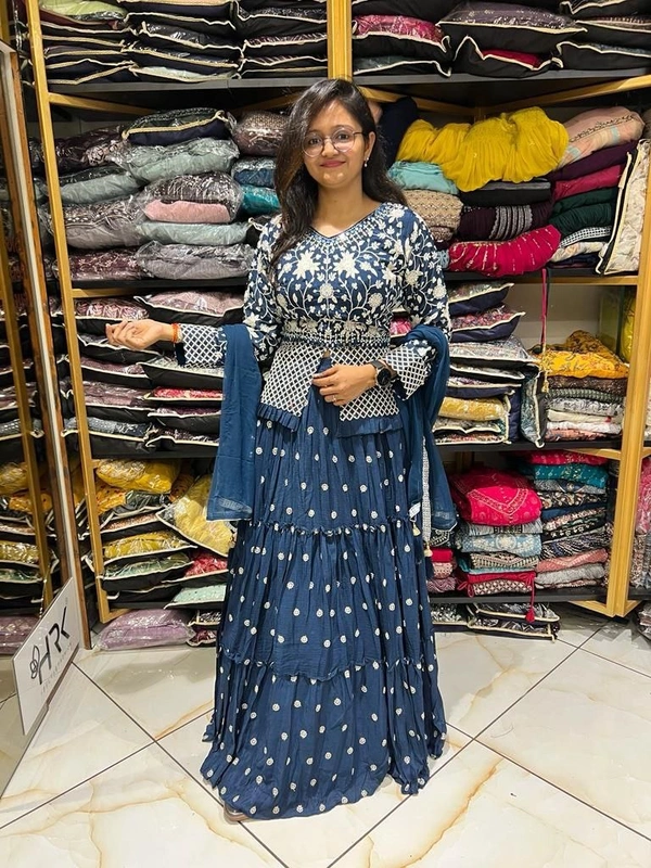 FWHB EMBROIDERY SEQUINS WORK PARTY WEAR JACKET LEHENGA WITH DUPATTA - XL, Blue