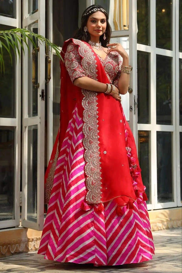 FWHB PRINTED LEHENGA WITH HEAVY EMBROIDERED BLOUSE AND ORGANZA DUPATTA - XL, Red