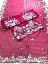 FWVLS SOFT SIMMER CHIFFON PARTY WEAR CUTWORK SAREE WITH BLOUSE PIECE - Rose