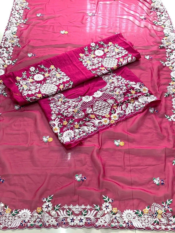 FWVLS SOFT SIMMER CHIFFON PARTY WEAR CUTWORK SAREE WITH BLOUSE PIECE - Rose