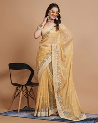 FEVLS PARTY WEAR TABBY SILK ORGANZA SAREE WITH BLOUSE PIECE - Mustered