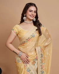 FEVLS PARTY WEAR TABBY SILK ORGANZA SAREE WITH BLOUSE PIECE - Mustered