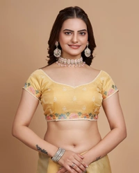 FEVLS PARTY WEAR TABBY SILK ORGANZA SAREE WITH BLOUSE PIECE - Mustered