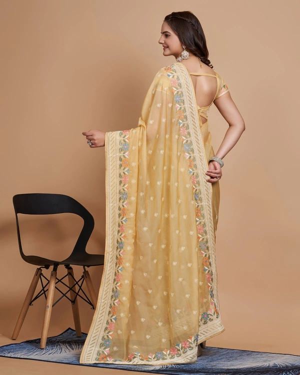 FEVLS PARTY WEAR TABBY SILK ORGANZA SAREE WITH BLOUSE PIECE - Mustered