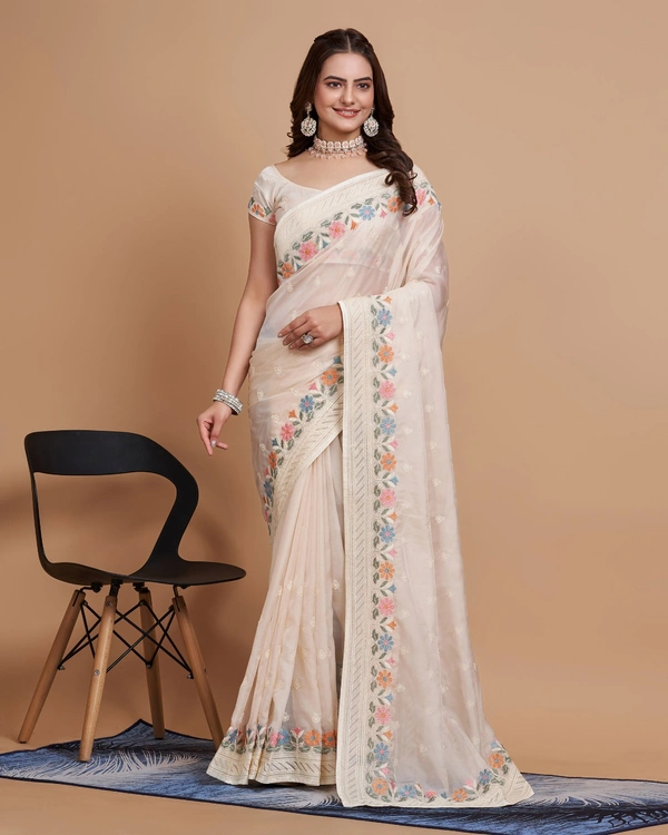 FEVLS PARTY WEAR TABBY SILK ORGANZA SAREE WITH BLOUSE PIECE - Cream