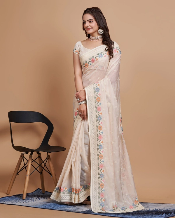 FEVLS PARTY WEAR TABBY SILK ORGANZA SAREE WITH BLOUSE PIECE - Cream