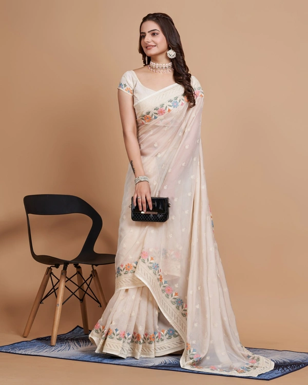 FEVLS PARTY WEAR TABBY SILK ORGANZA SAREE WITH BLOUSE PIECE - Cream