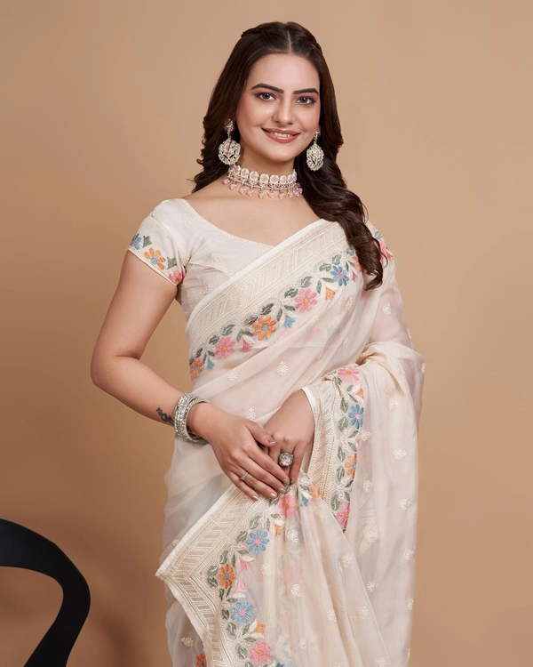 FEVLS PARTY WEAR TABBY SILK ORGANZA SAREE WITH BLOUSE PIECE - Cream