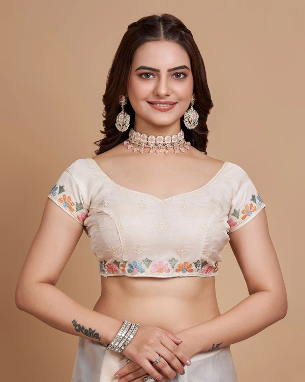 FEVLS PARTY WEAR TABBY SILK ORGANZA SAREE WITH BLOUSE PIECE - Cream