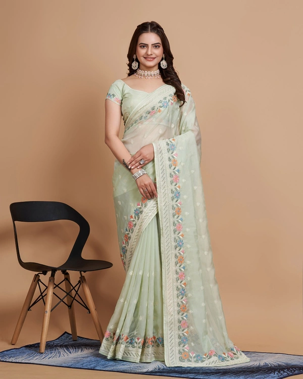 FEVLS PARTY WEAR TABBY SILK ORGANZA SAREE WITH BLOUSE PIECE - Pista