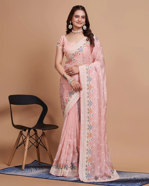 FEVLS PARTY WEAR TABBY SILK ORGANZA SAREE WITH BLOUSE PIECE - Light Orange Red