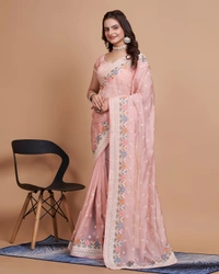 FEVLS PARTY WEAR TABBY SILK ORGANZA SAREE WITH BLOUSE PIECE - Light Orange Red