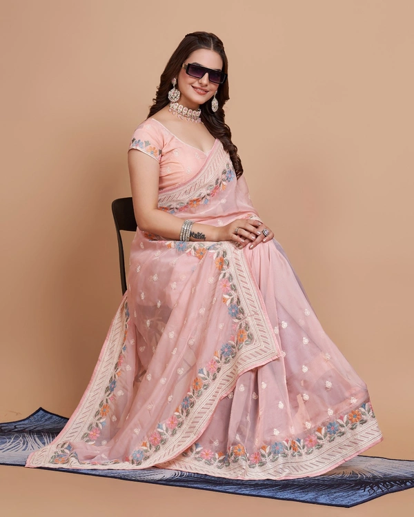 FEVLS PARTY WEAR TABBY SILK ORGANZA SAREE WITH BLOUSE PIECE - Light Orange Red