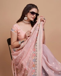 FEVLS PARTY WEAR TABBY SILK ORGANZA SAREE WITH BLOUSE PIECE - Light Orange Red