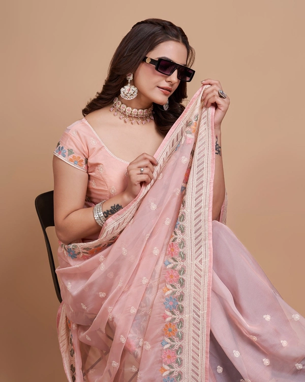 FEVLS PARTY WEAR TABBY SILK ORGANZA SAREE WITH BLOUSE PIECE - Light Orange Red