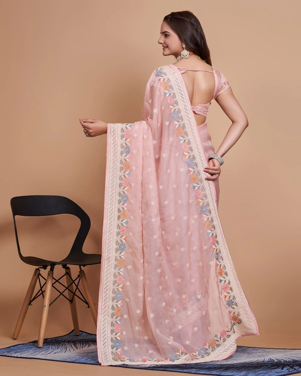 FEVLS PARTY WEAR TABBY SILK ORGANZA SAREE WITH BLOUSE PIECE - Light Orange Red