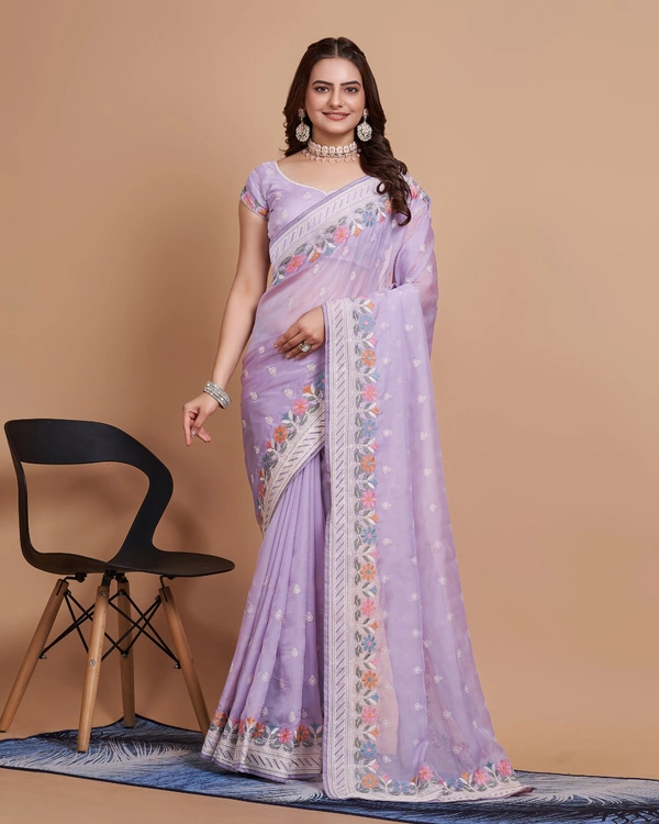 FEVLS PARTY WEAR TABBY SILK ORGANZA SAREE WITH BLOUSE PIECE - Light Purple