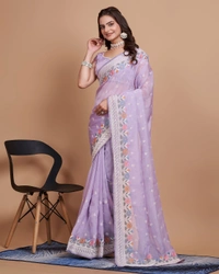 FEVLS PARTY WEAR TABBY SILK ORGANZA SAREE WITH BLOUSE PIECE - Light Purple