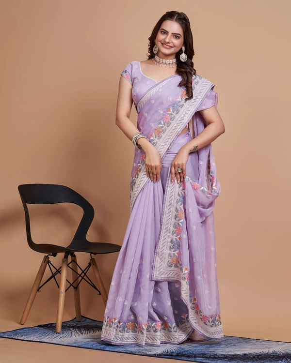 FEVLS PARTY WEAR TABBY SILK ORGANZA SAREE WITH BLOUSE PIECE - Light Purple
