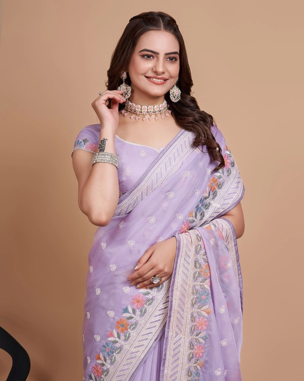 FEVLS PARTY WEAR TABBY SILK ORGANZA SAREE WITH BLOUSE PIECE - Light Purple