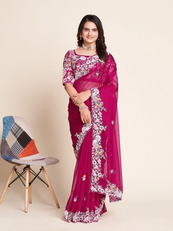 FWVLS SOFT SIMMER CHIFFON PARTY WEAR CUTWORK SAREE WITH BLOUSE PIECE - Rose