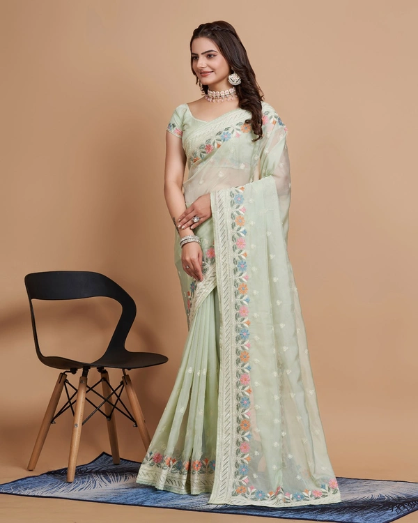 FEVLS PARTY WEAR TABBY SILK ORGANZA SAREE WITH BLOUSE PIECE - Pista