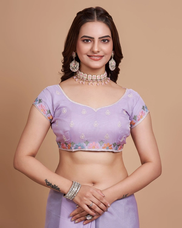 FEVLS PARTY WEAR TABBY SILK ORGANZA SAREE WITH BLOUSE PIECE - Light Purple