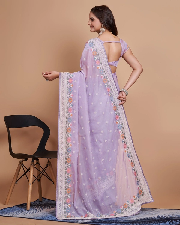 FEVLS PARTY WEAR TABBY SILK ORGANZA SAREE WITH BLOUSE PIECE - Light Purple