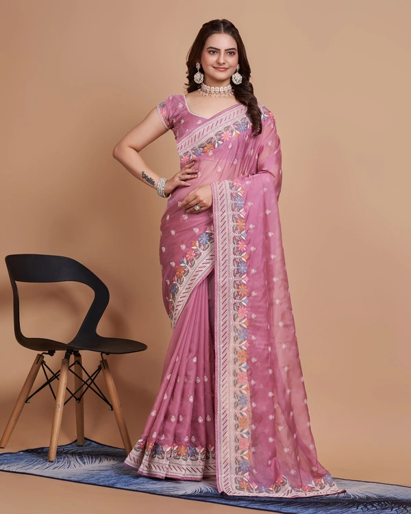 FEVLS PARTY WEAR TABBY SILK ORGANZA SAREE WITH BLOUSE PIECE - Pink