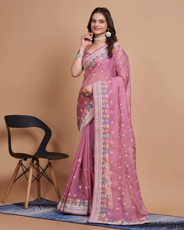 FEVLS PARTY WEAR TABBY SILK ORGANZA SAREE WITH BLOUSE PIECE - Pink