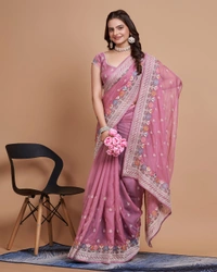 FEVLS PARTY WEAR TABBY SILK ORGANZA SAREE WITH BLOUSE PIECE - Pink