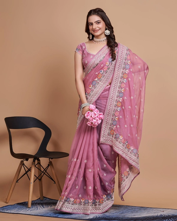 FEVLS PARTY WEAR TABBY SILK ORGANZA SAREE WITH BLOUSE PIECE - Pink