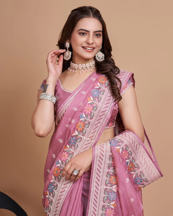 FEVLS PARTY WEAR TABBY SILK ORGANZA SAREE WITH BLOUSE PIECE - Pink