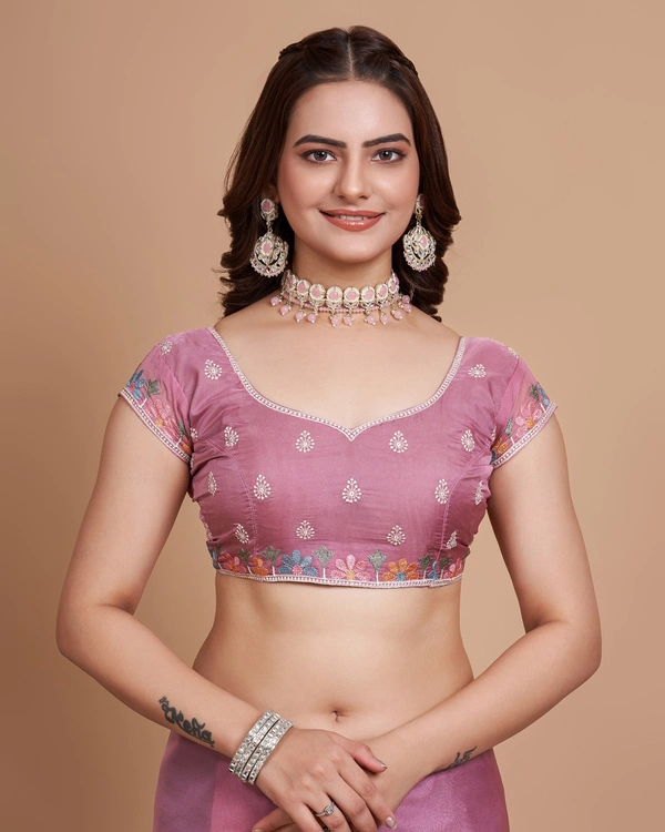 FEVLS PARTY WEAR TABBY SILK ORGANZA SAREE WITH BLOUSE PIECE - Pink