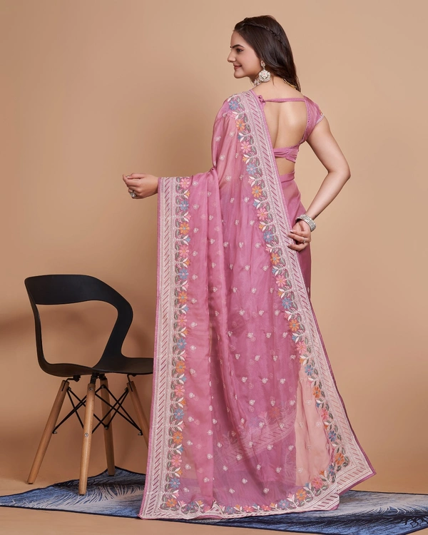 FEVLS PARTY WEAR TABBY SILK ORGANZA SAREE WITH BLOUSE PIECE - Pink