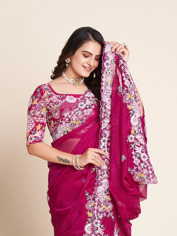 FWVLS SOFT SIMMER CHIFFON PARTY WEAR CUTWORK SAREE WITH BLOUSE PIECE - Rose