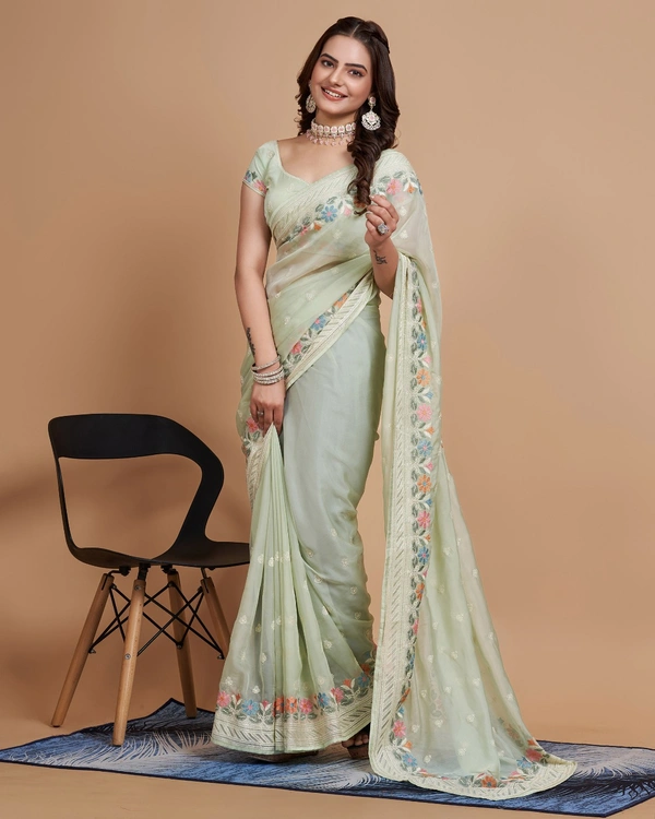 FEVLS PARTY WEAR TABBY SILK ORGANZA SAREE WITH BLOUSE PIECE - Pista