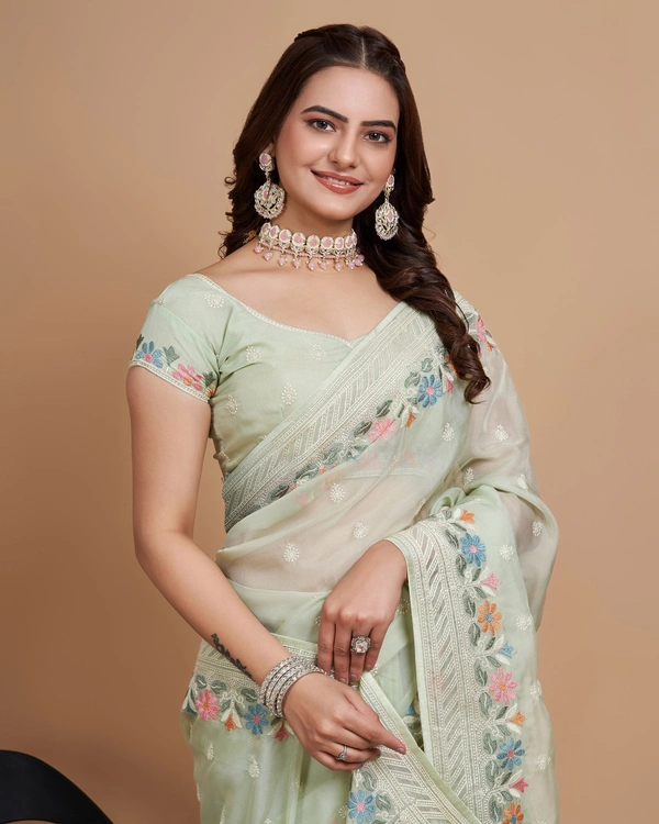 FEVLS PARTY WEAR TABBY SILK ORGANZA SAREE WITH BLOUSE PIECE - Pista