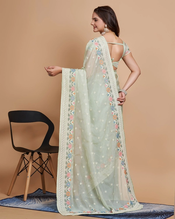 FEVLS PARTY WEAR TABBY SILK ORGANZA SAREE WITH BLOUSE PIECE - Pista